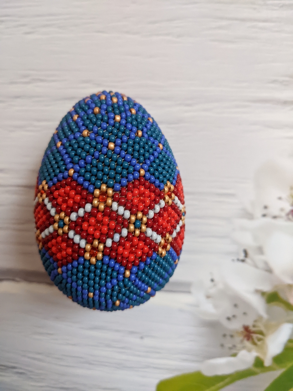 Beaded Decorative Egg Ornament in Blue, Red, Gold
